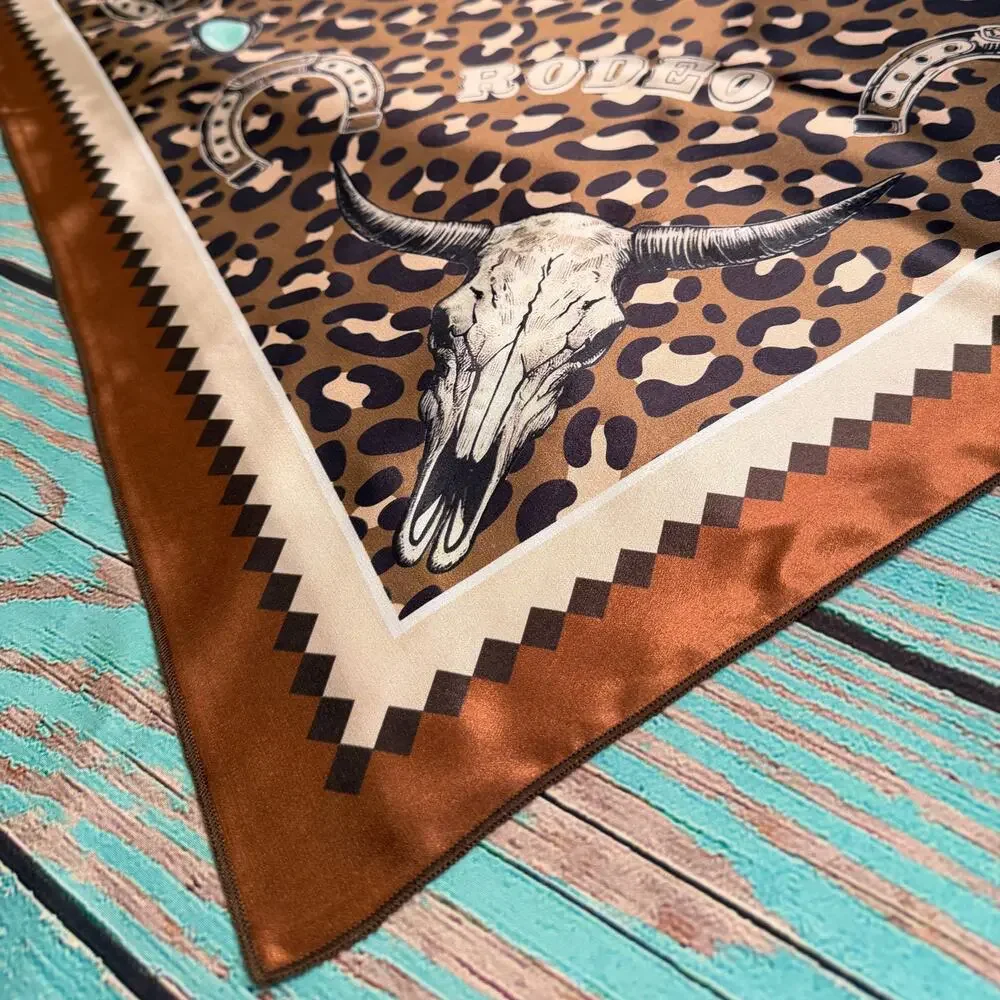 Western Longhorn Print Silky Wild Rag | 36x36 | Mocha & Turquoise